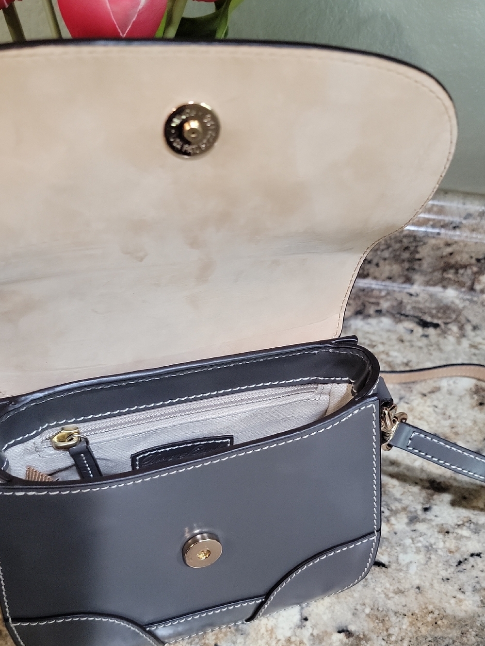 Dooney & Bourke Emerson Smooth Leather Saddle /Crossbody Bag – Taupe - Picture 6 of 10